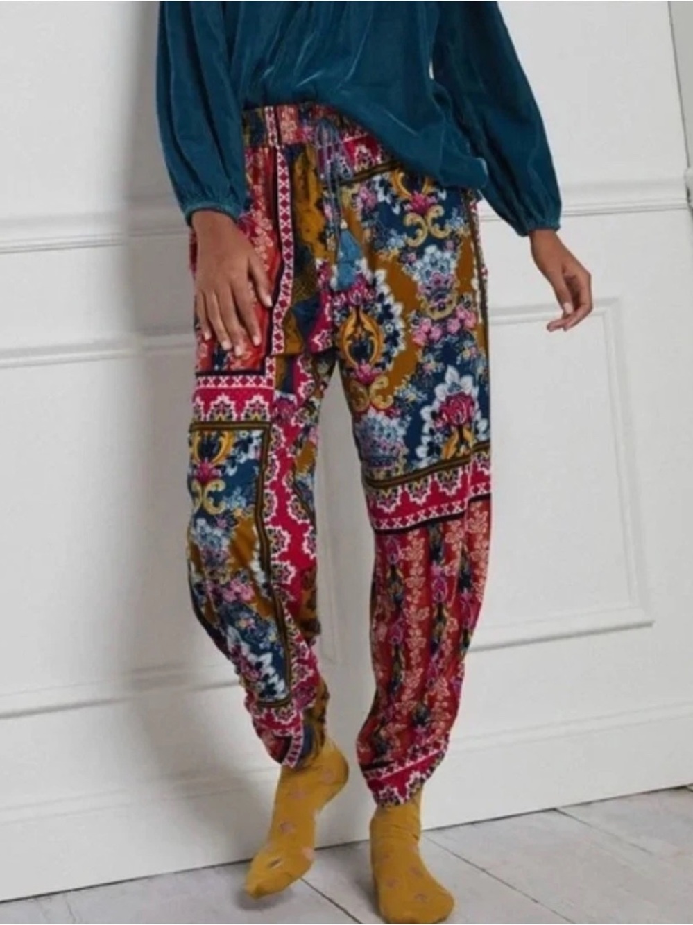 Anthropologie Zadie Velvet Pockets PullOn Sleep Pants Womens XL Boho Mixed Print